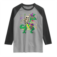 Mardi Gras Funny Skeleton On Dinosaur Jester Beads Raglan Shirt