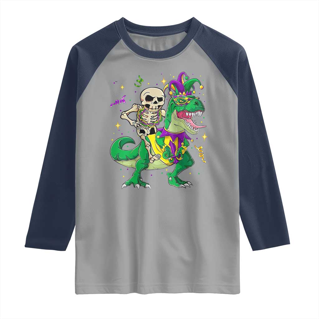 Mardi Gras Funny Skeleton On Dinosaur Jester Beads Raglan Shirt