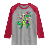 Mardi Gras Funny Skeleton On Dinosaur Jester Beads Raglan Shirt