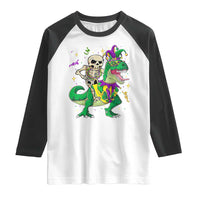 Mardi Gras Funny Skeleton On Dinosaur Jester Beads Raglan Shirt