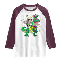 Mardi Gras Funny Skeleton On Dinosaur Jester Beads Raglan Shirt
