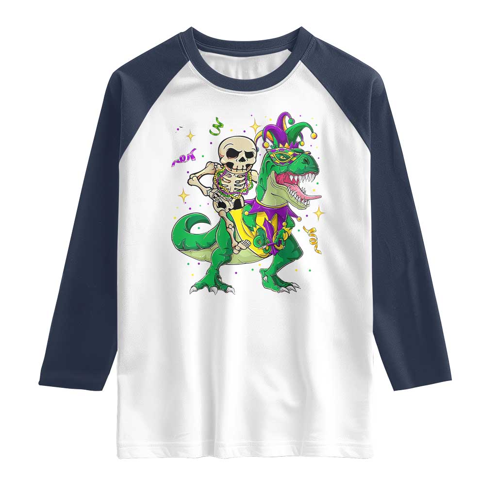 Mardi Gras Funny Skeleton On Dinosaur Jester Beads Raglan Shirt