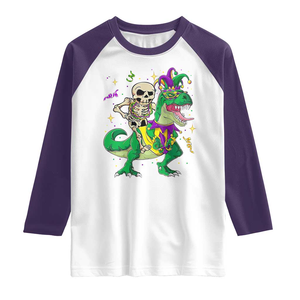 Mardi Gras Funny Skeleton On Dinosaur Jester Beads Raglan Shirt