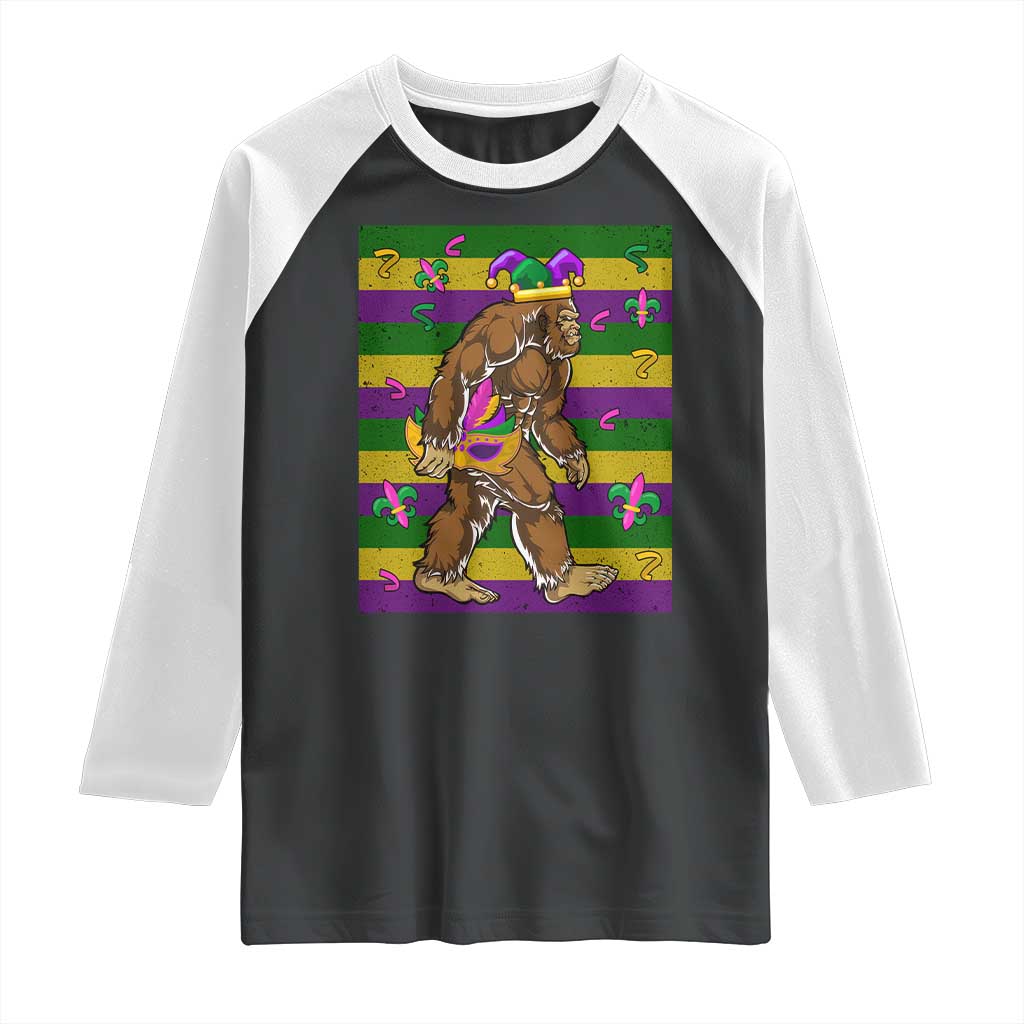 Mardi Gras Bigfoot Sasquatch Funny Fat Tuesday Parade Raglan Shirt