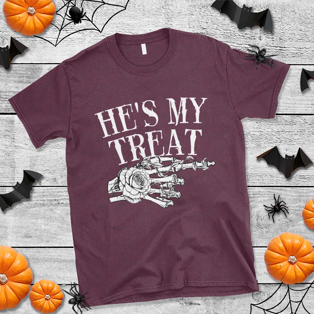 Halloween Couple Matching T Shirt He's My Treat Skeleton Hand - Wonder Print Shop