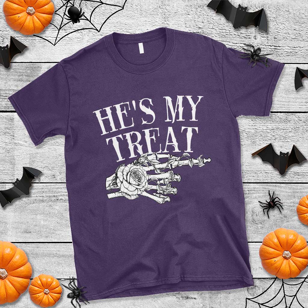 Halloween Couple Matching T Shirt He's My Treat Skeleton Hand - Wonder Print Shop