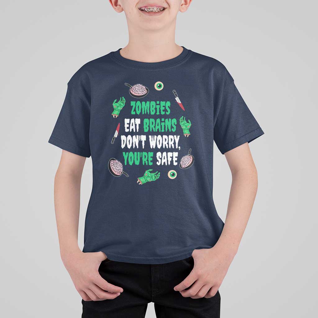 Funny Halloween T Shirt For Kid Zombies Eat Brains So You're Safe - Wonder Print Shop