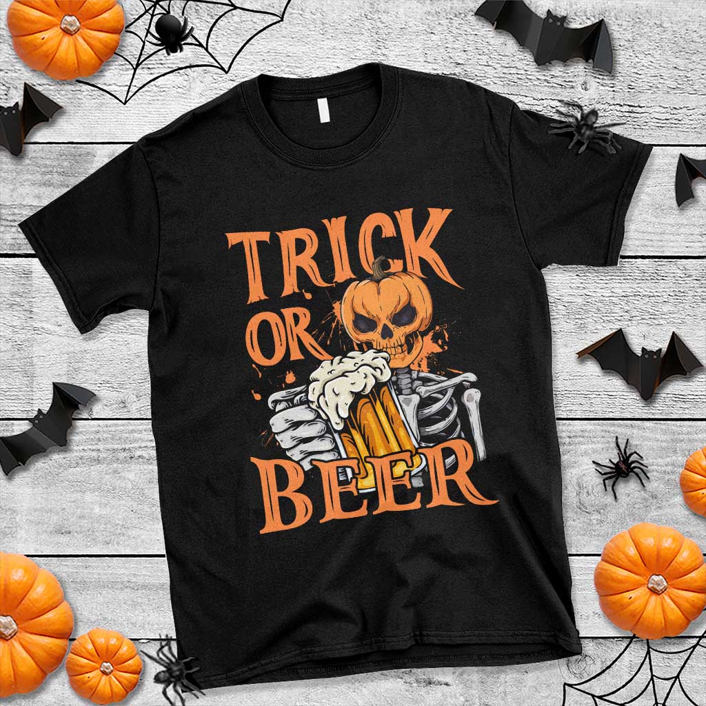 Funny Halloween Beer T Shirt Trick Or Beer Drinking Pumpkin Skeleton - Wonder Print Shop