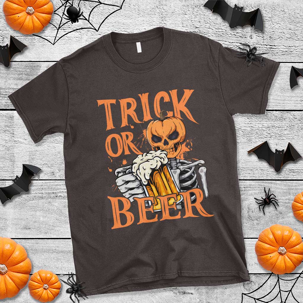 Funny Halloween Beer T Shirt Trick Or Beer Drinking Pumpkin Skeleton - Wonder Print Shop