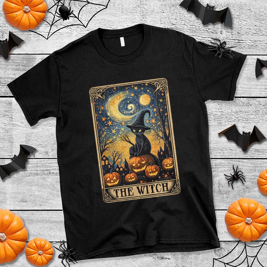 Black Cat Witch T Shirt The Witch Tarot Card Starry Night Spooky Halloween - Wonder Print Shop