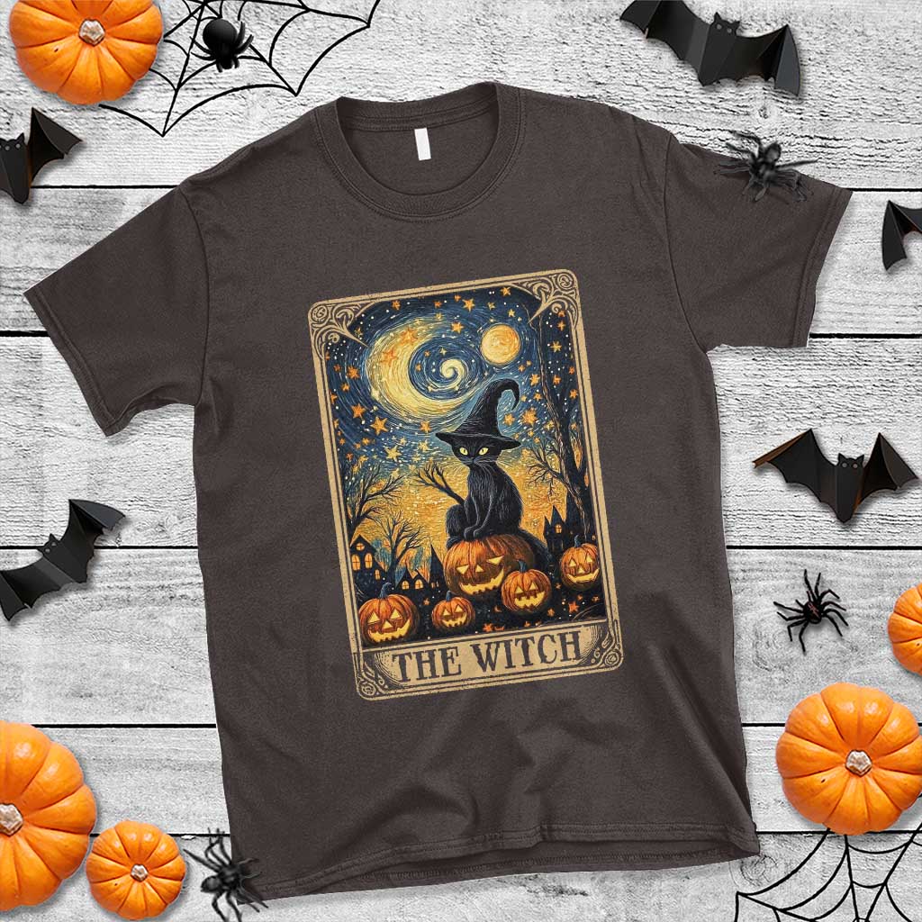 Black Cat Witch T Shirt The Witch Tarot Card Starry Night Spooky Halloween - Wonder Print Shop