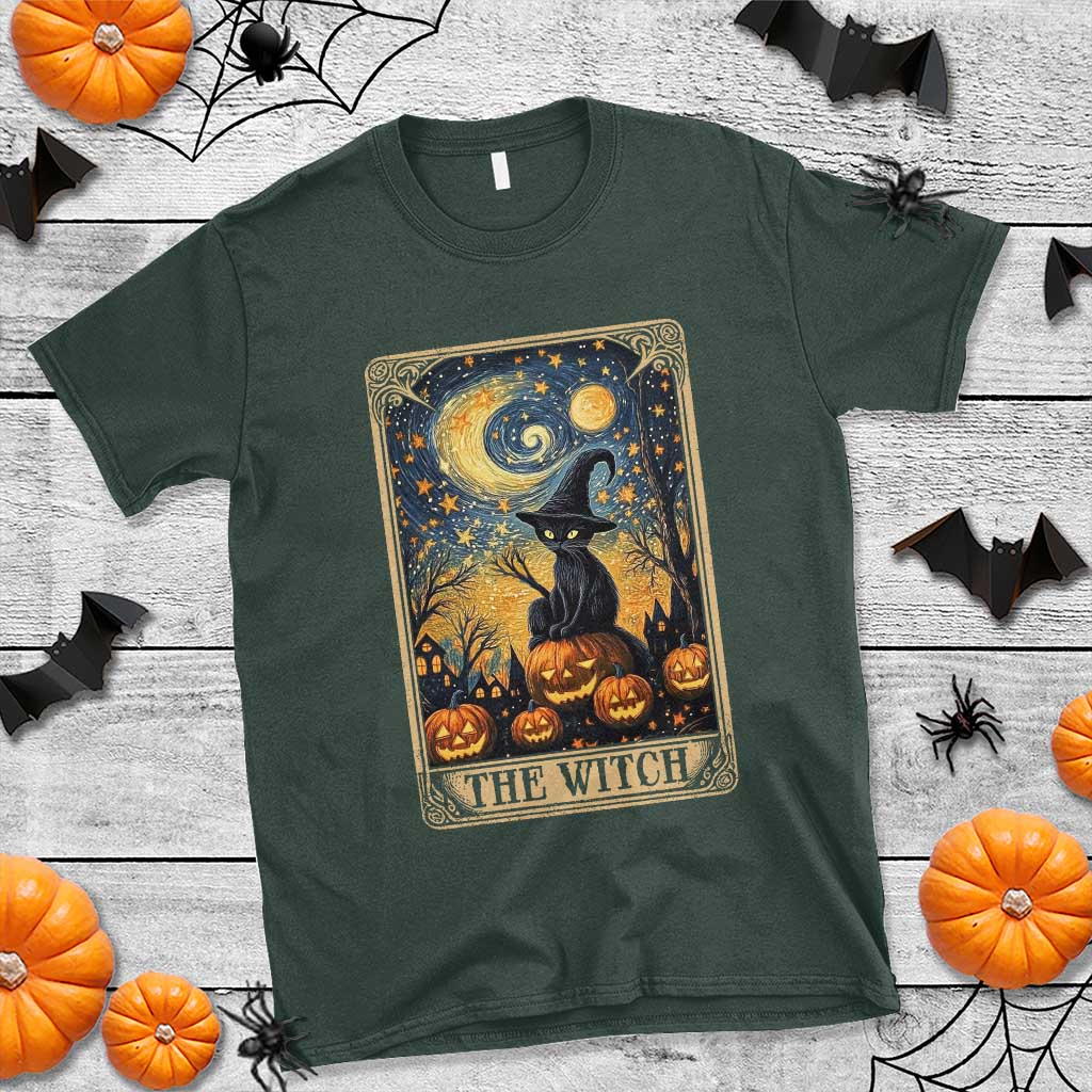 Black Cat Witch T Shirt The Witch Tarot Card Starry Night Spooky Halloween - Wonder Print Shop