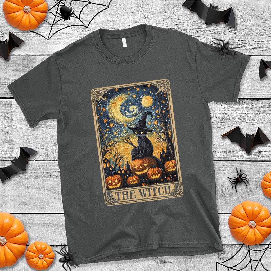 Black Cat Witch T Shirt The Witch Tarot Card Starry Night Spooky Halloween - Wonder Print Shop