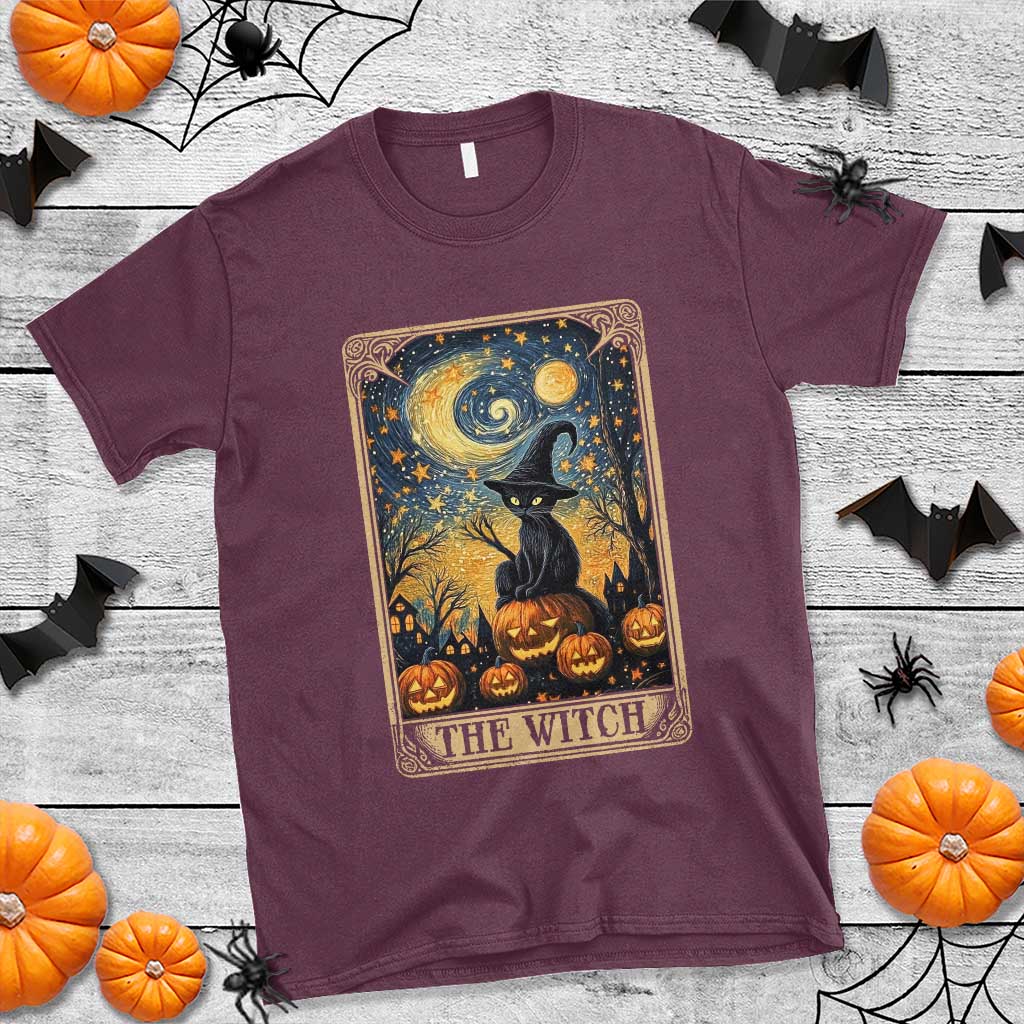 Black Cat Witch T Shirt The Witch Tarot Card Starry Night Spooky Halloween - Wonder Print Shop