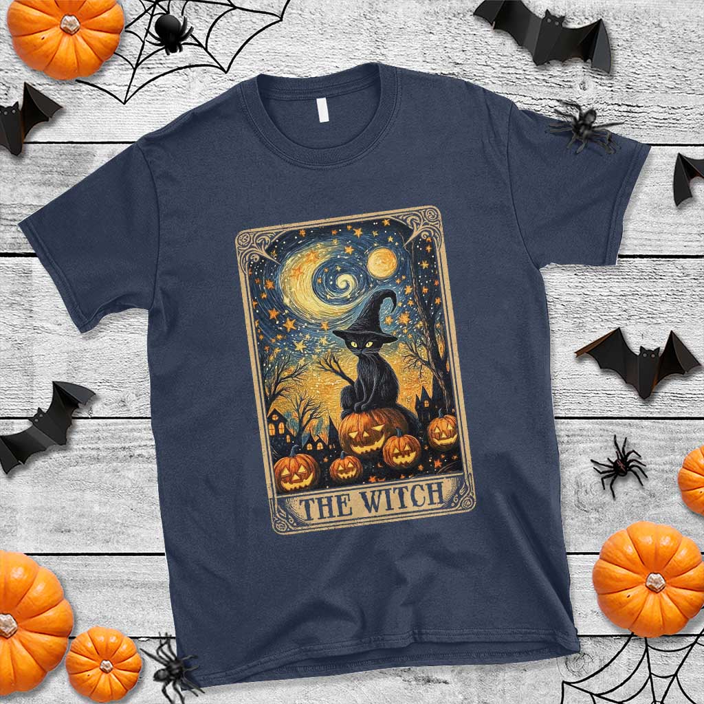 Black Cat Witch T Shirt The Witch Tarot Card Starry Night Spooky Halloween - Wonder Print Shop