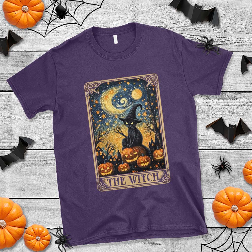 Black Cat Witch T Shirt The Witch Tarot Card Starry Night Spooky Halloween - Wonder Print Shop