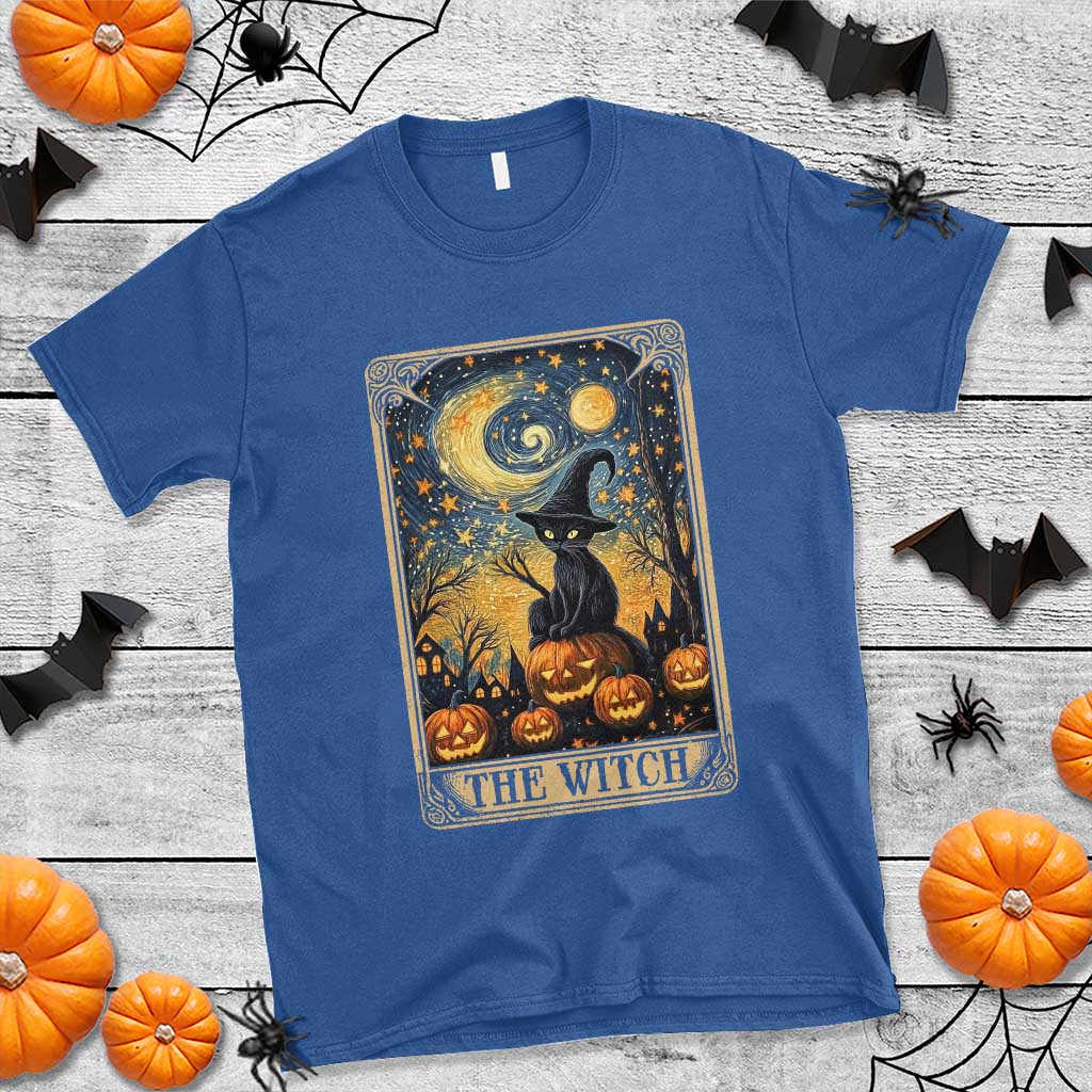 Black Cat Witch T Shirt The Witch Tarot Card Starry Night Spooky Halloween - Wonder Print Shop
