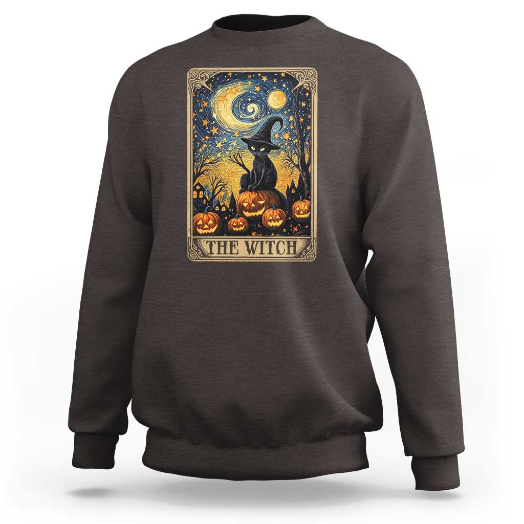 Black Cat Witch Sweatshirt The Witch Tarot Card Starry Night Spooky Halloween - Wonder Print Shop