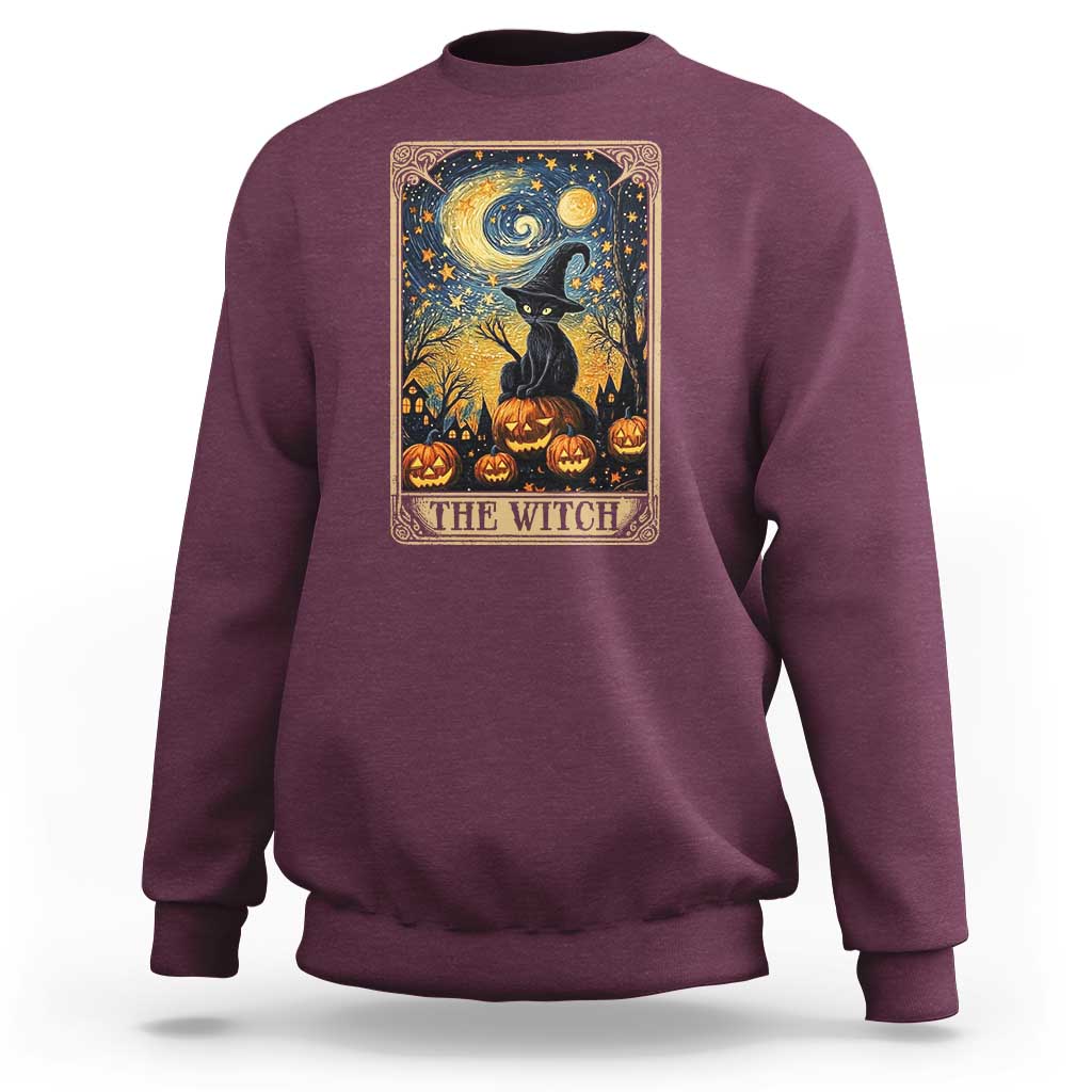 Black Cat Witch Sweatshirt The Witch Tarot Card Starry Night Spooky Halloween - Wonder Print Shop