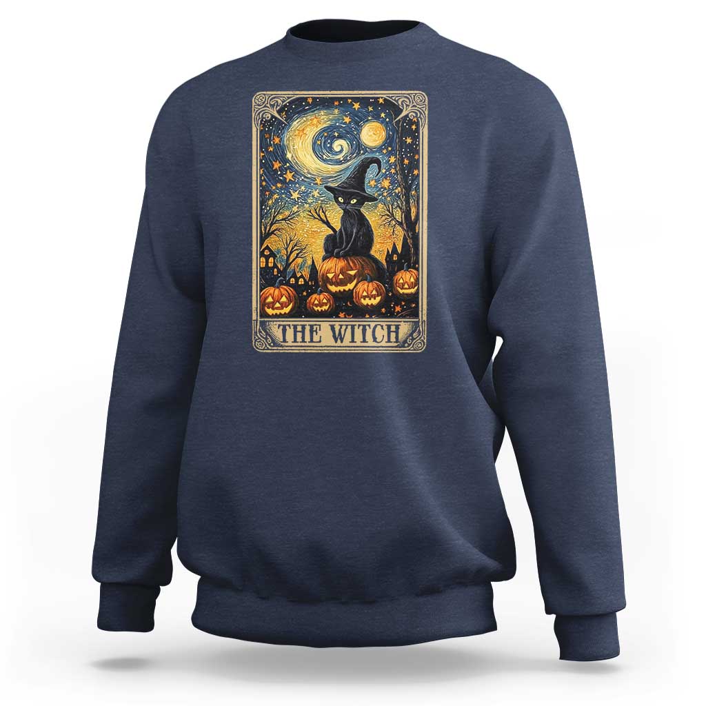 Black Cat Witch Sweatshirt The Witch Tarot Card Starry Night Spooky Halloween - Wonder Print Shop