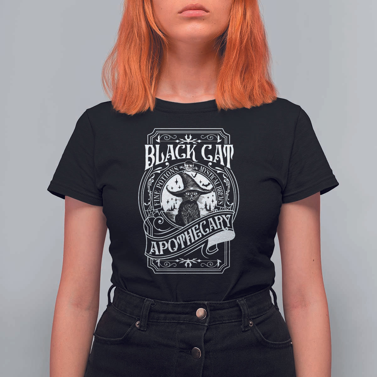 Black Cat Witch T Shirt For Women Salem Apothecary Halloween