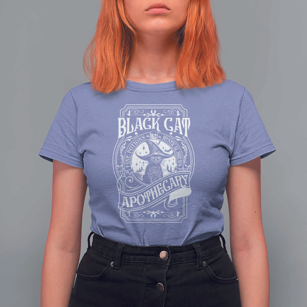Black Cat Witch T Shirt For Women Salem Apothecary Halloween