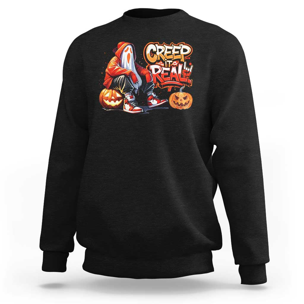 Funny Halloween Hip Hop Sweatshirt Creep It Real Cool Ghost Old School - Wonder Print Shop