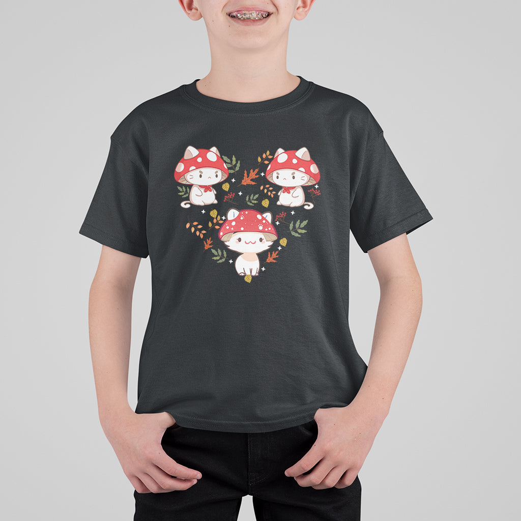 Cat with Mushroom Hat Heart Shape Cottagecore Aesthetic T Shirt For Kid - Wonder Print Shop