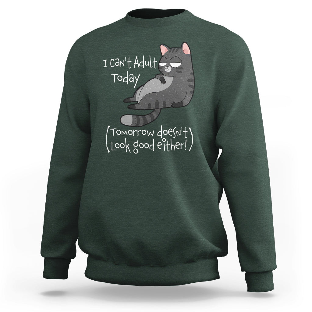 I Can't Adult Today Tomorrow Doesn't Look Good Either Funny Meme Cat Sweatshirt - Wonder Print Shop