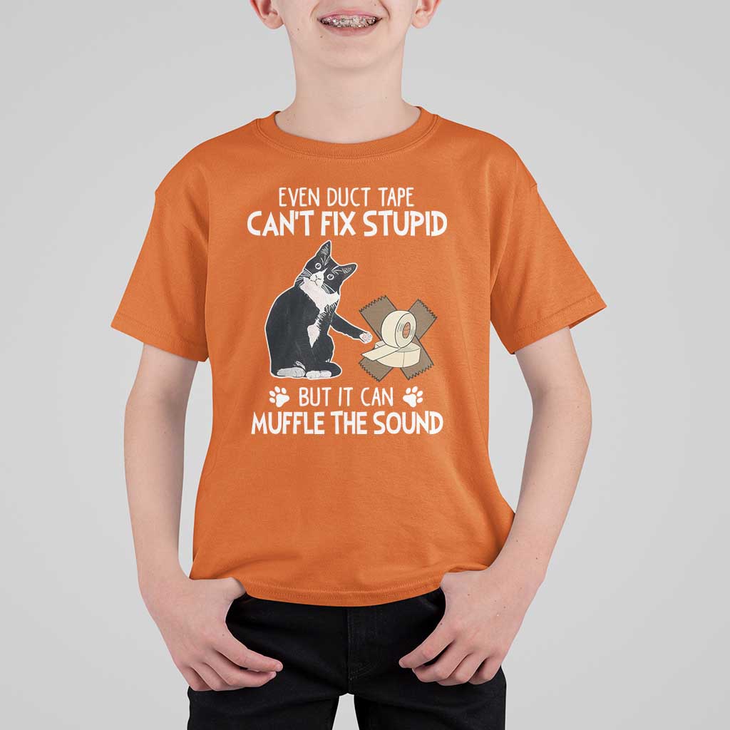 Funny Sarcastic Cat T Shirt For Kid Duct Tape Can't Fix Stupid But Can Muffle The Sound - Wonder Print Shop