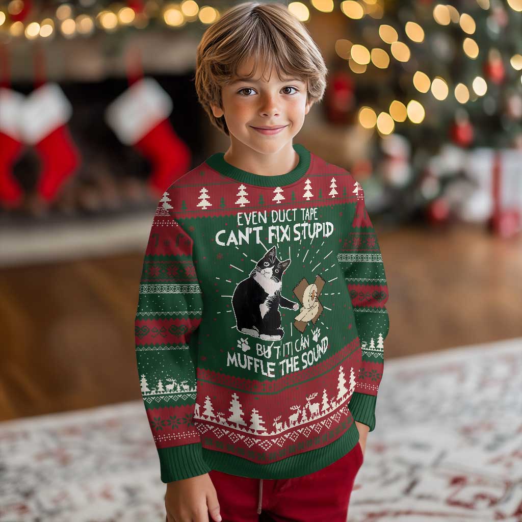 Funny Sarcastic Cat Ugly Christmas Sweater Duct Tape Can't Fix Stupid But Can Muffle The Sound - Wonder Print Shop