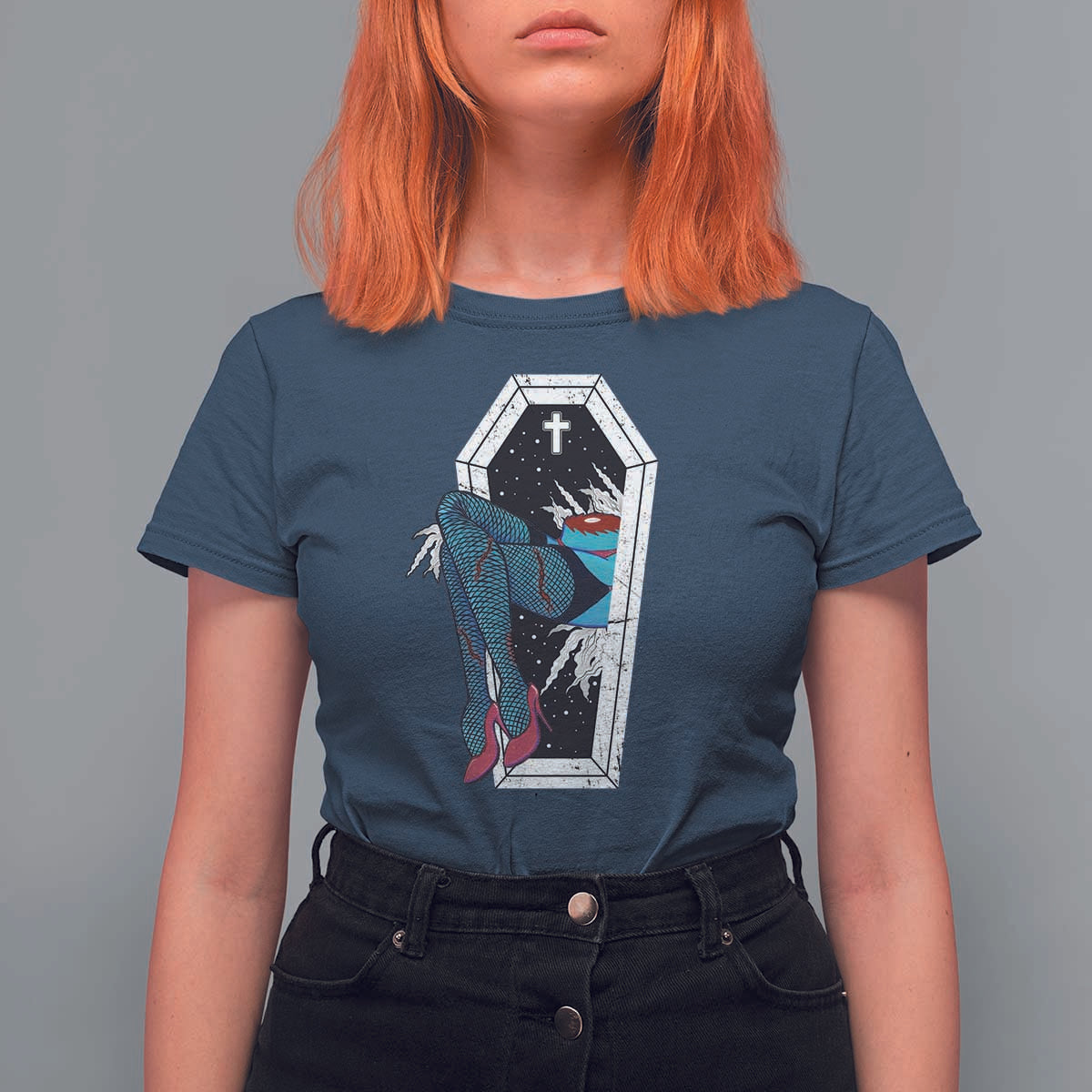 Creepy Halloween T Shirt For Women Sexy Zombie Legs Flash Tattoo Coffin - Wonder Print Shop