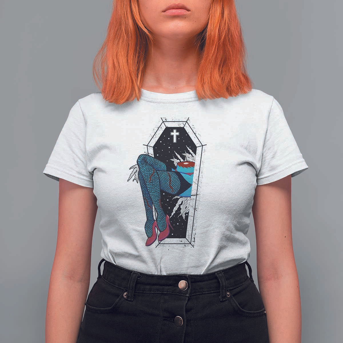 Creepy Halloween T Shirt For Women Sexy Zombie Legs Flash Tattoo Coffin - Wonder Print Shop