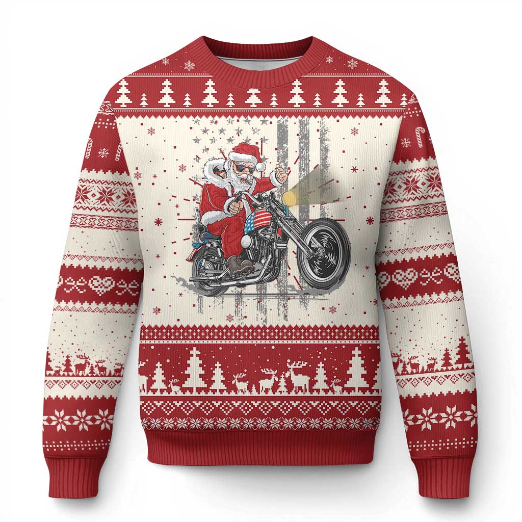 Christmas Santa Riding Motorbike Patriotic USA Ugly Christmas Sweater - Wonder Print Shop