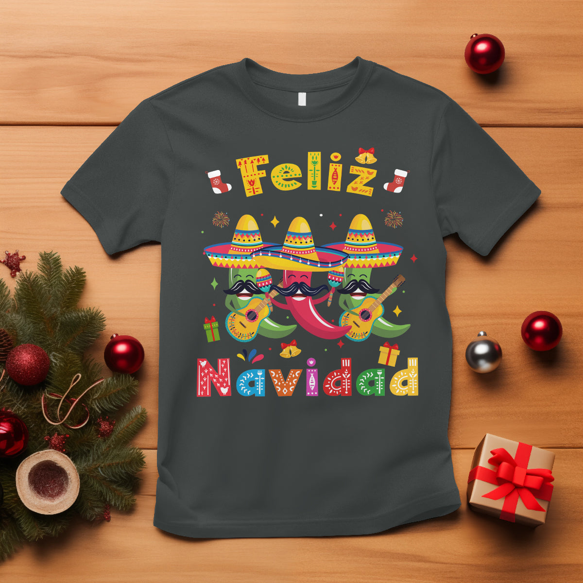 Feliz Navidad Mexican Fiesta Hot Pepper Guitar Party T Shirt - Wonder Print Shop
