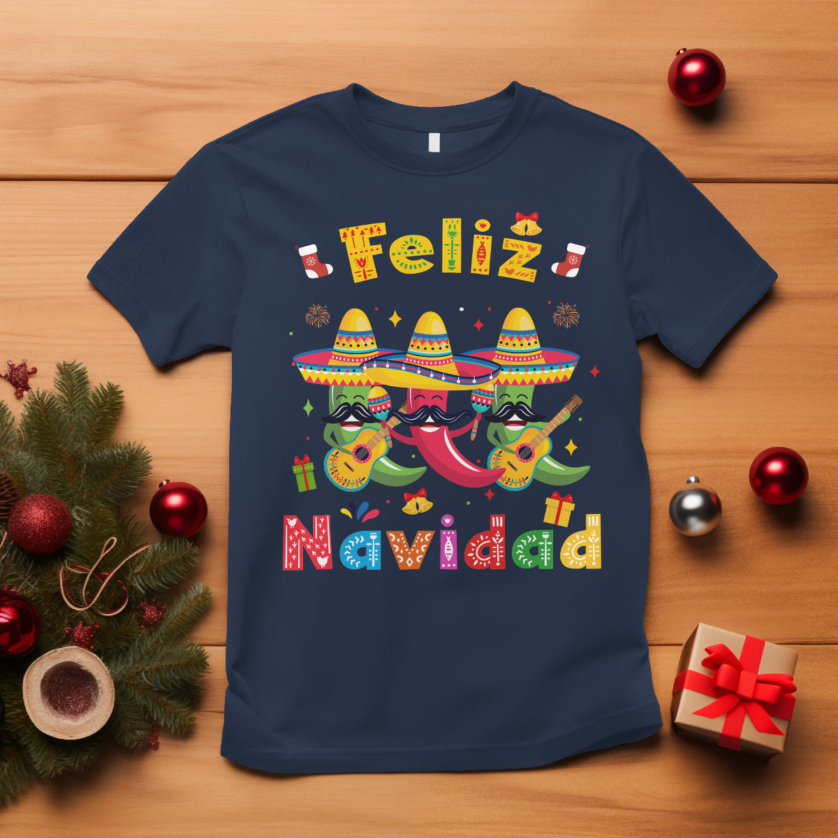 Feliz Navidad Mexican Fiesta Hot Pepper Guitar Party T Shirt - Wonder Print Shop