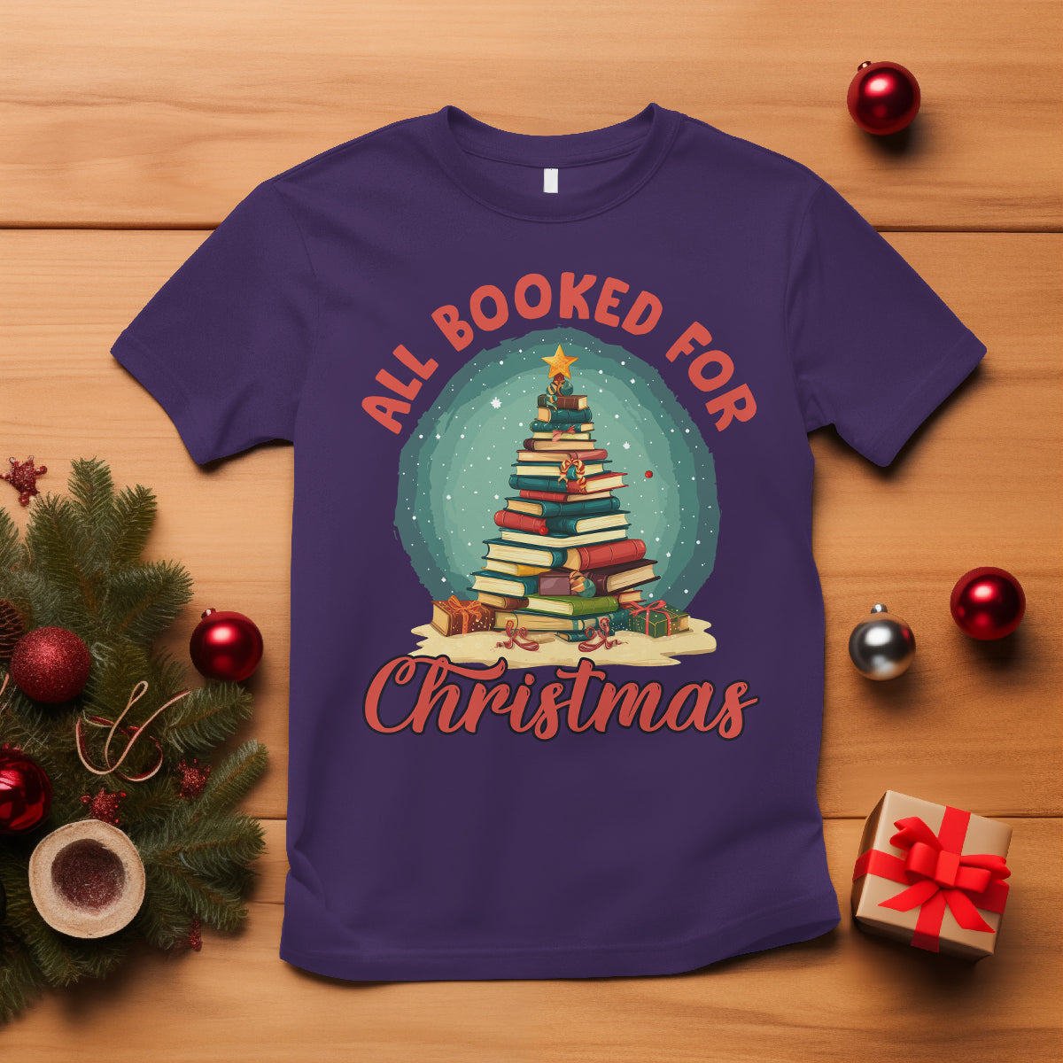 All Booked For Christmas Book Christmas Tree Bookaholic T Shirt - Wonder Print Shop