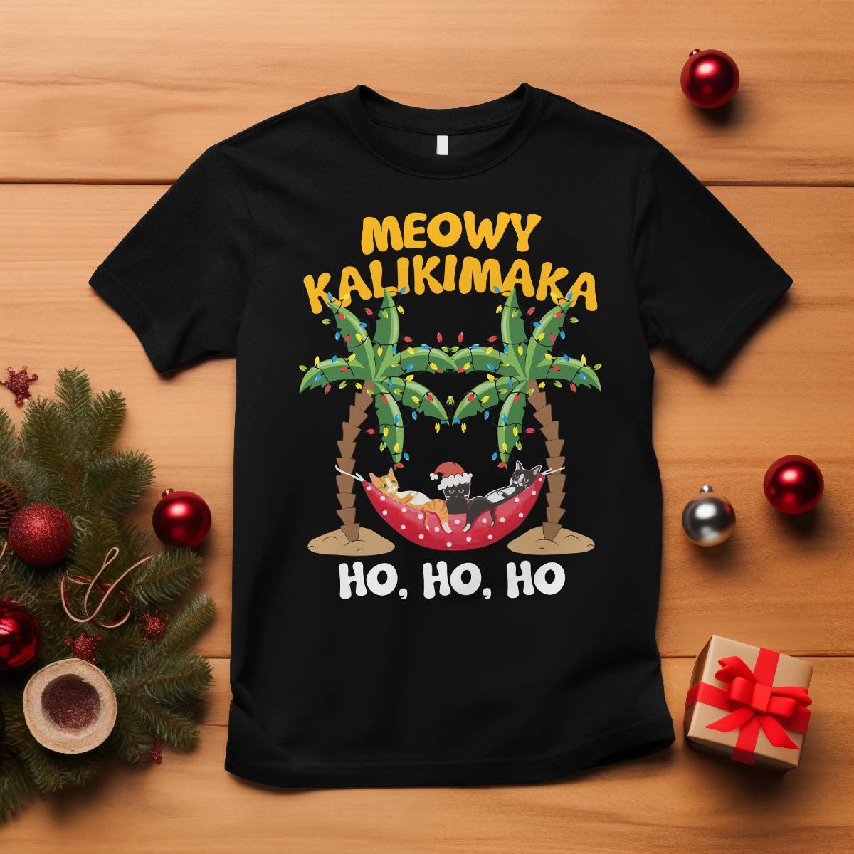 Christmas In Hawaii T Shirt Meowy Kalikimaka Cat Chillin' Ho Ho Ho Xmas Palm Tree - Wonder Print Shop