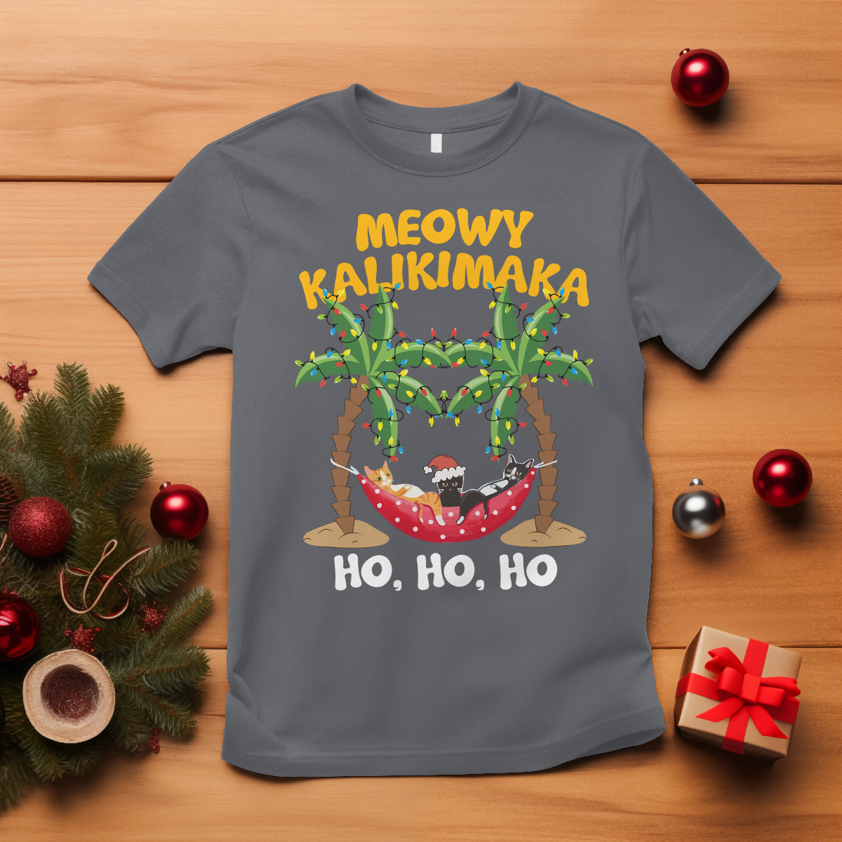 Christmas In Hawaii T Shirt Meowy Kalikimaka Cat Chillin' Ho Ho Ho Xmas Palm Tree - Wonder Print Shop