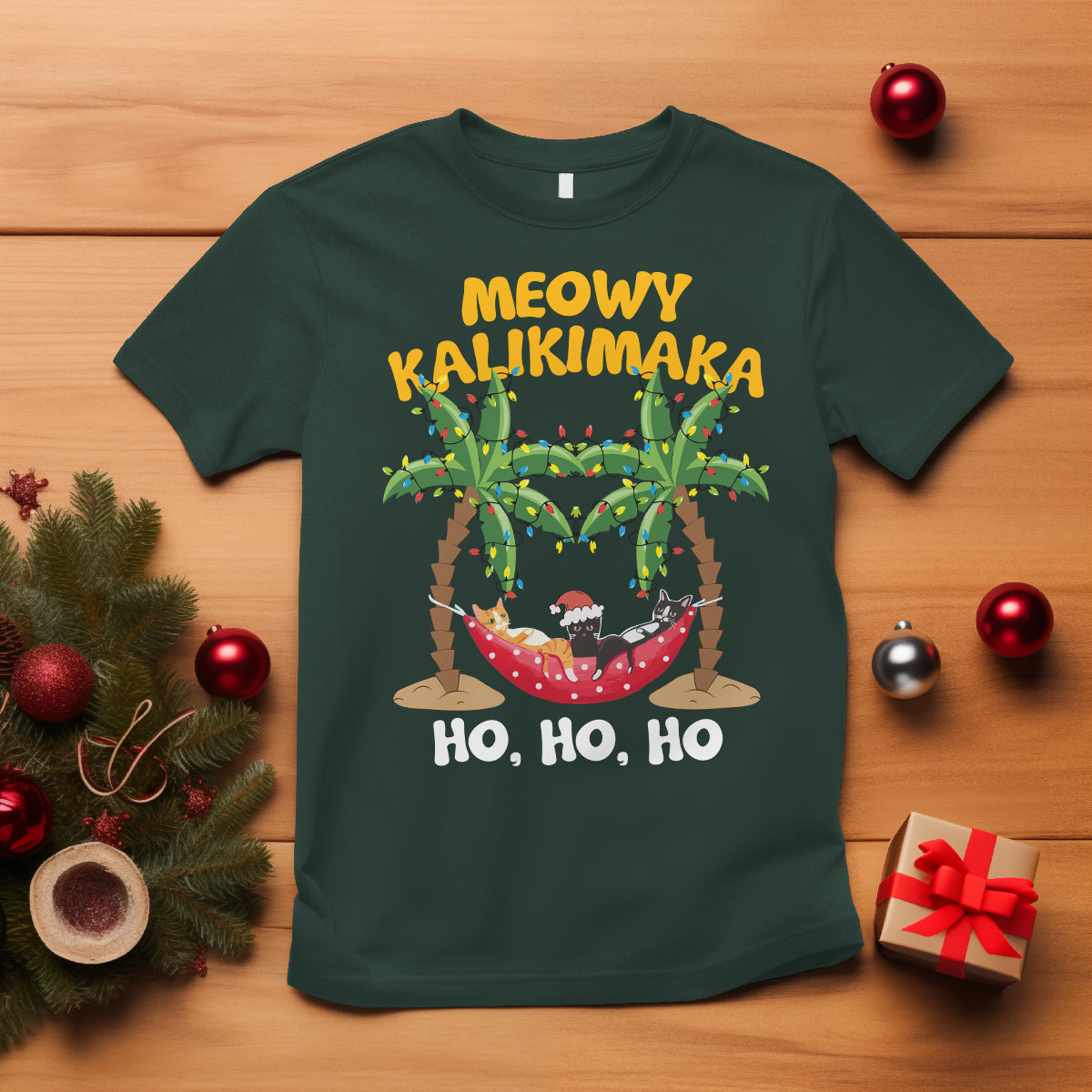 Christmas In Hawaii T Shirt Meowy Kalikimaka Cat Chillin' Ho Ho Ho Xmas Palm Tree - Wonder Print Shop