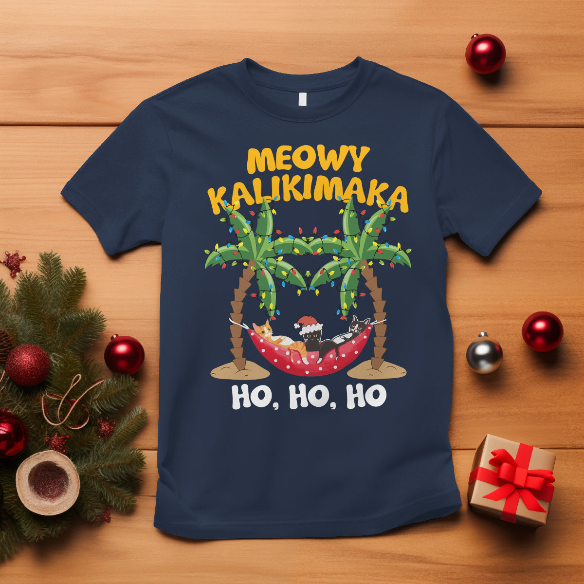 Christmas In Hawaii T Shirt Meowy Kalikimaka Cat Chillin' Ho Ho Ho Xmas Palm Tree - Wonder Print Shop