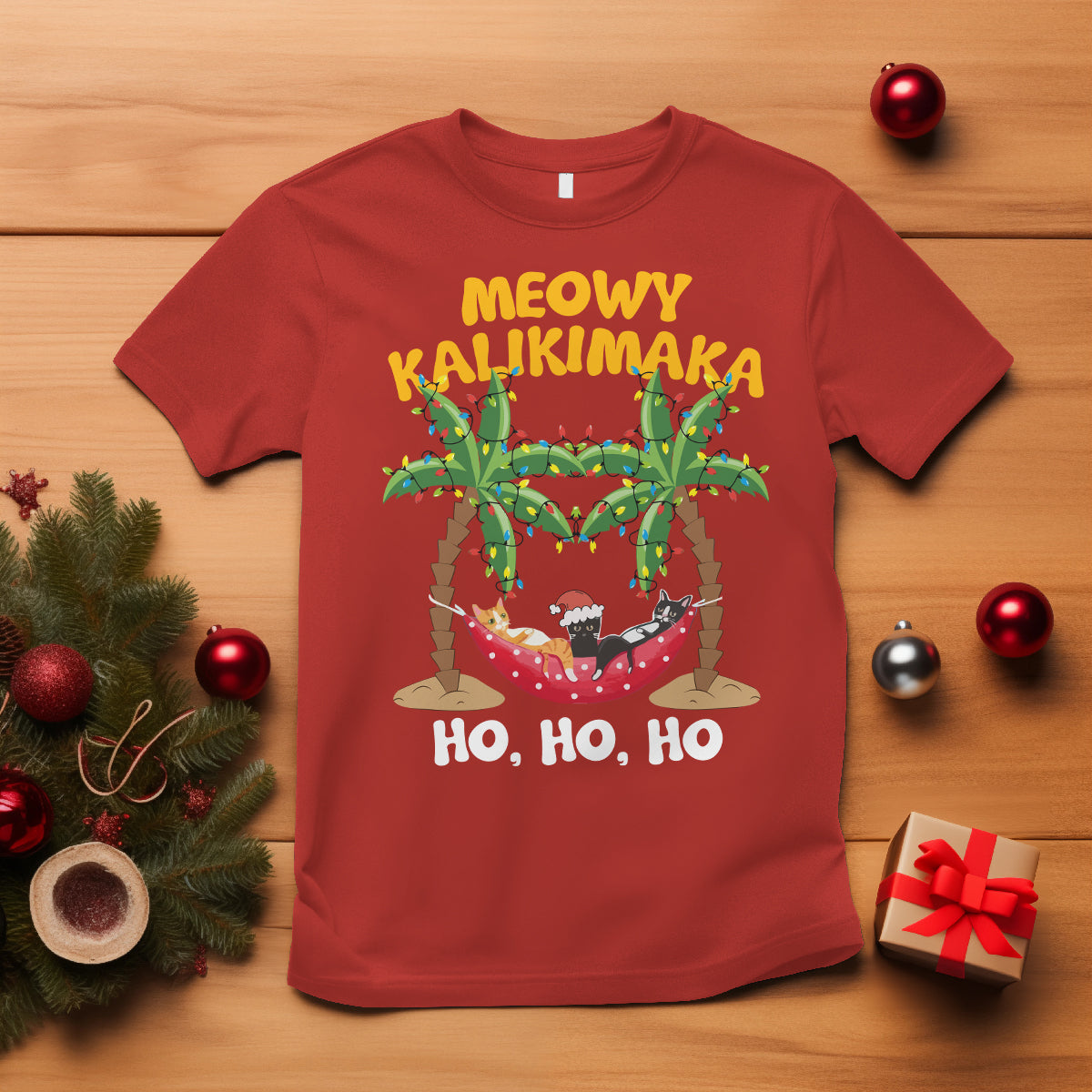 Christmas In Hawaii T Shirt Meowy Kalikimaka Cat Chillin' Ho Ho Ho Xmas Palm Tree - Wonder Print Shop