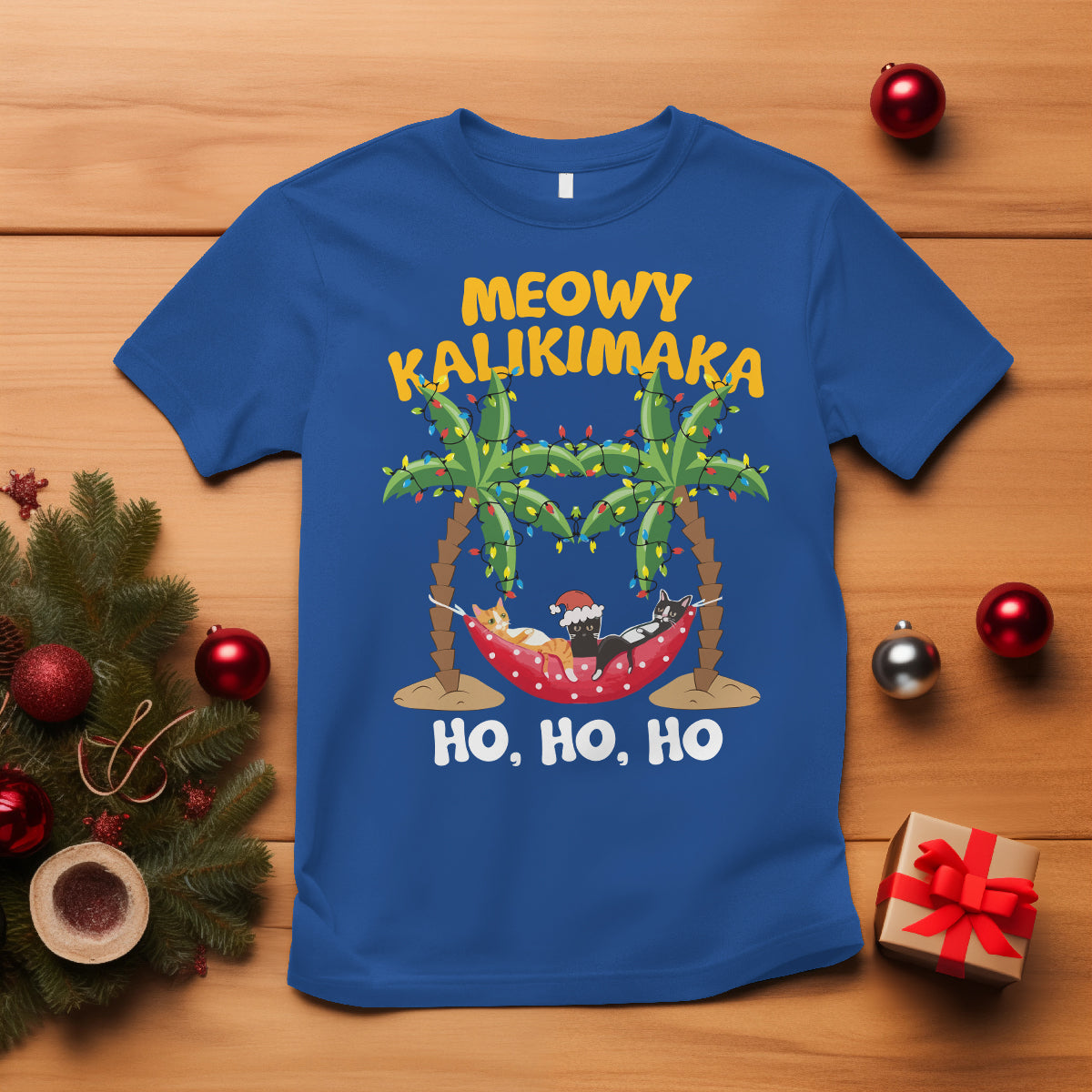 Christmas In Hawaii T Shirt Meowy Kalikimaka Cat Chillin' Ho Ho Ho Xmas Palm Tree - Wonder Print Shop