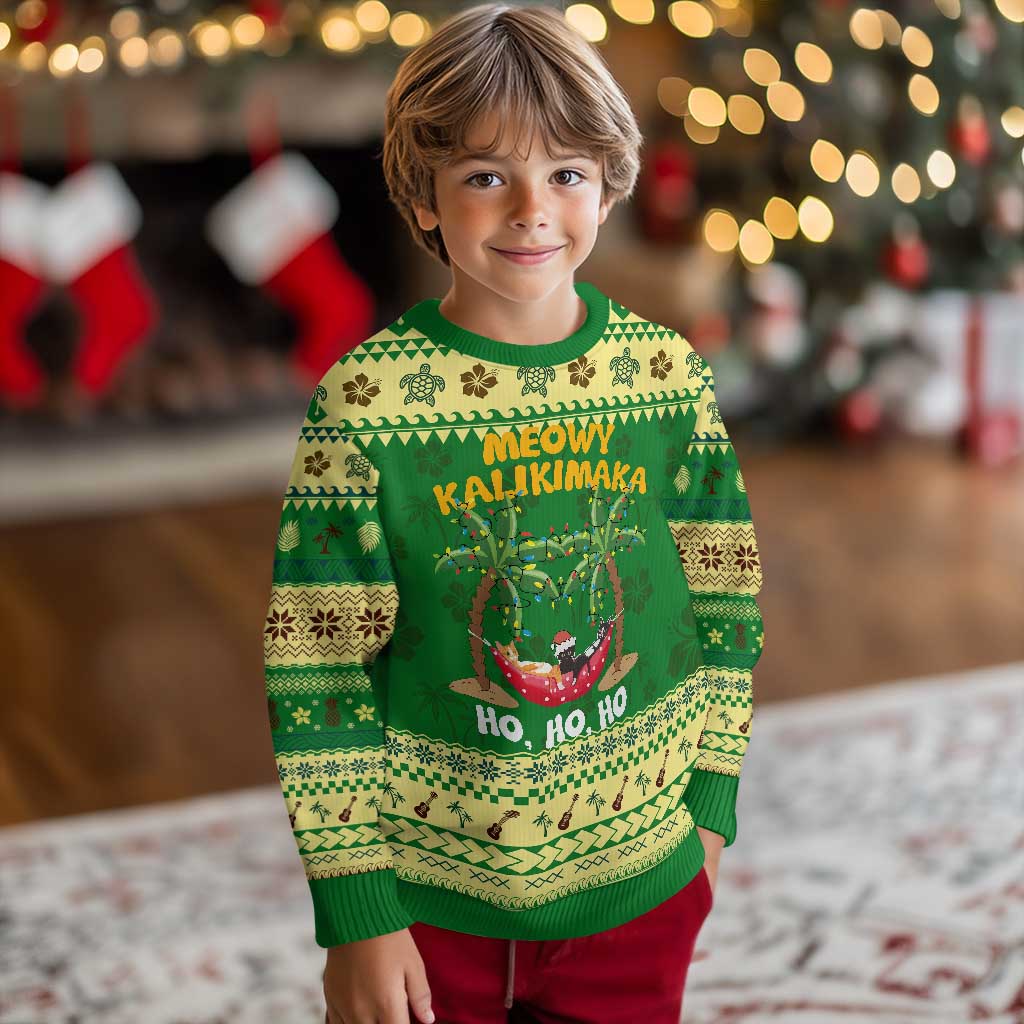 Funny Xmas In Hawaii Ugly Christmas Sweater Meowy Kalikimaka Cat Chillin' Ho Ho Ho Xmas Palm Tree - Wonder Print Shop