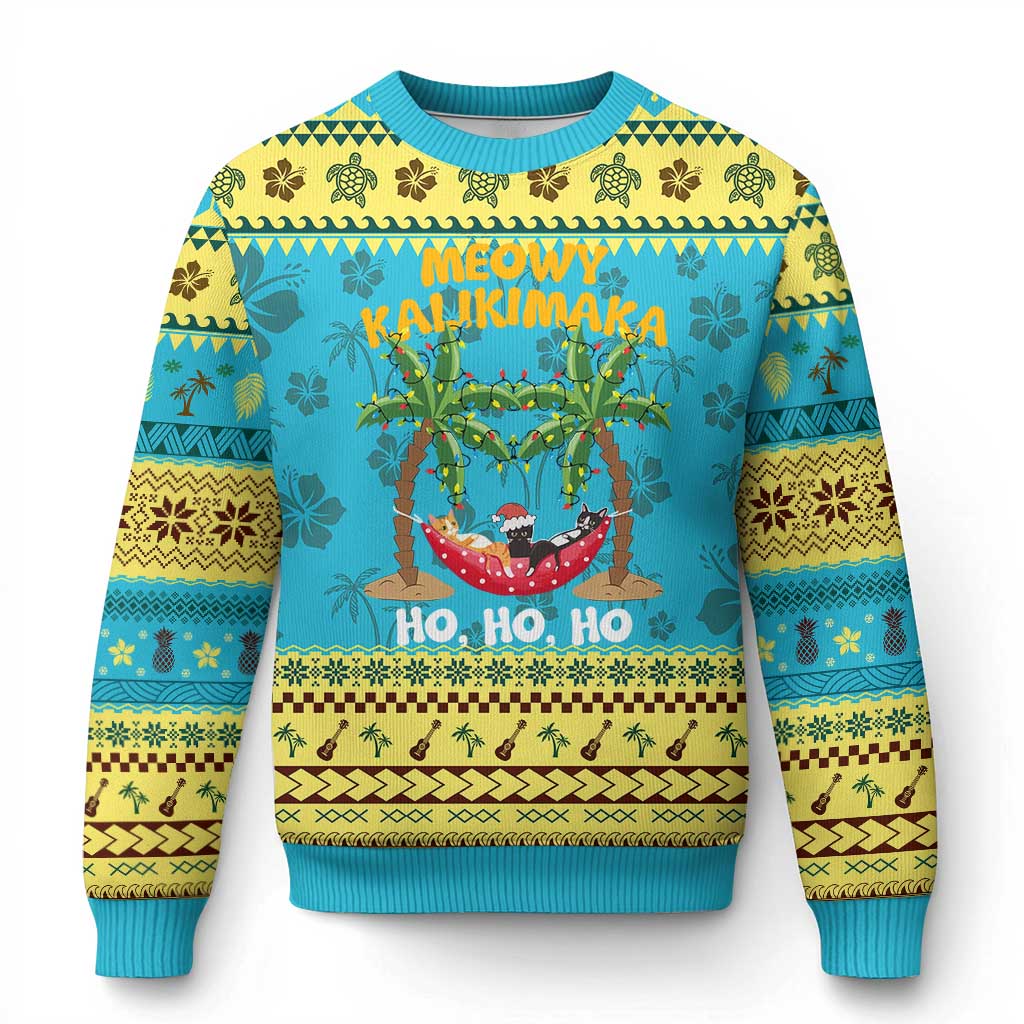 Funny Xmas In Hawaii Ugly Christmas Sweater Meowy Kalikimaka Cat Chillin' Ho Ho Ho Xmas Palm Tree - Wonder Print Shop