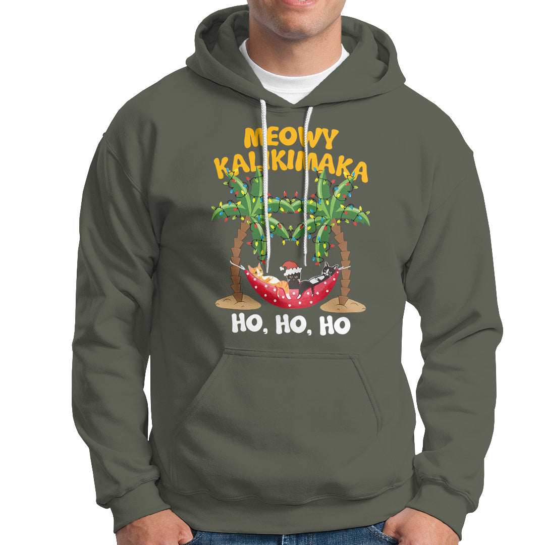 Christmas In Hawaii Hoodie Meowy Kalikimaka Cat Chillin' Ho Ho Ho Xmas Palm Tree - Wonder Print Shop