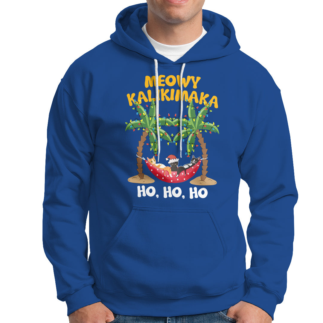 Christmas In Hawaii Hoodie Meowy Kalikimaka Cat Chillin' Ho Ho Ho Xmas Palm Tree - Wonder Print Shop