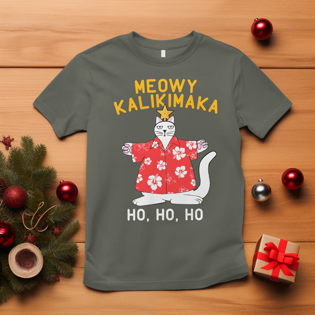 Christmas In Hawaii T Shirt Meowy Kalikimaka Hawaiian Cat Ho Ho Ho Xmas Tree - Wonder Print Shop