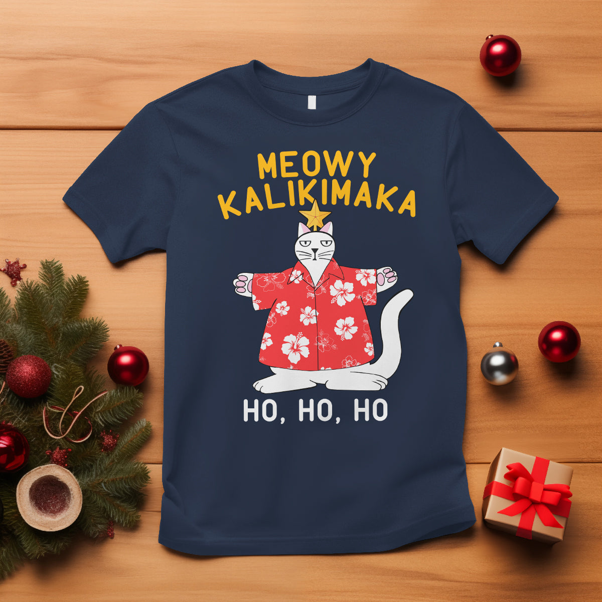 Christmas In Hawaii T Shirt Meowy Kalikimaka Hawaiian Cat Ho Ho Ho Xmas Tree - Wonder Print Shop