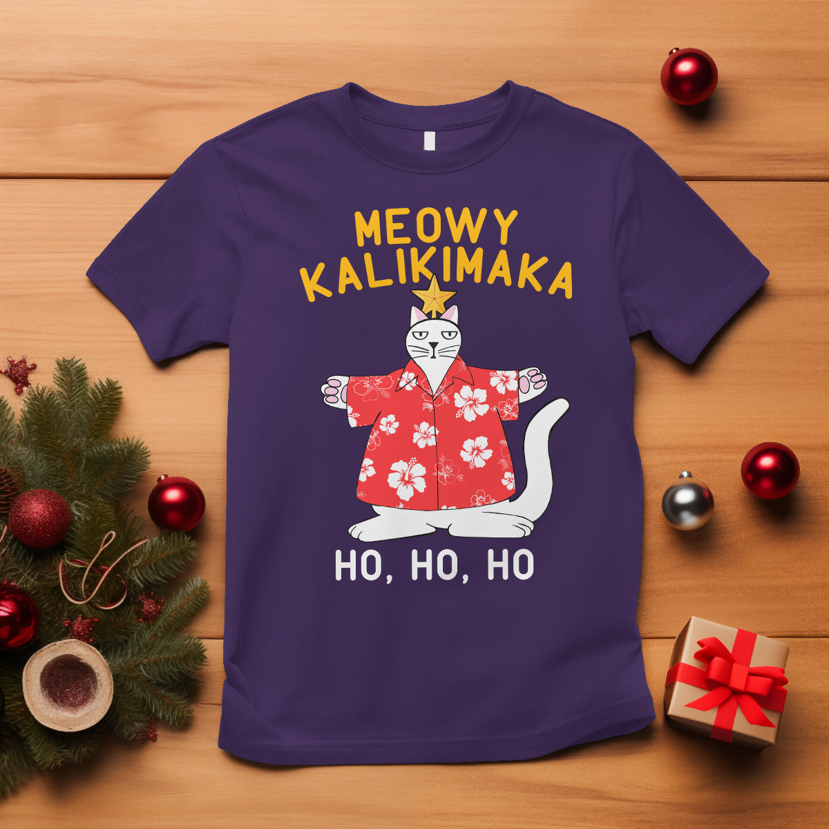 Christmas In Hawaii T Shirt Meowy Kalikimaka Hawaiian Cat Ho Ho Ho Xmas Tree - Wonder Print Shop